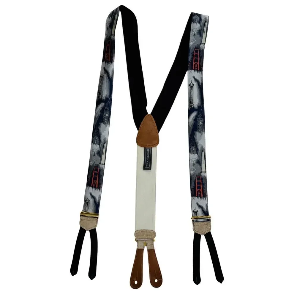 Vintage Trafalgar Silk Suspenders World Landmarks Print Leather Button End